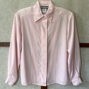 Notations Vintage Pastel Pink Sheer Pintuck Pleats Embroidery Shoulder Pads